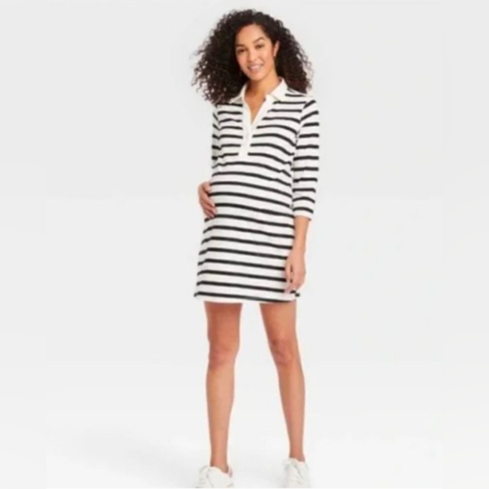 The Nines by Hatch 3/4 Sleeve Polo Maternity Striped Dress XS